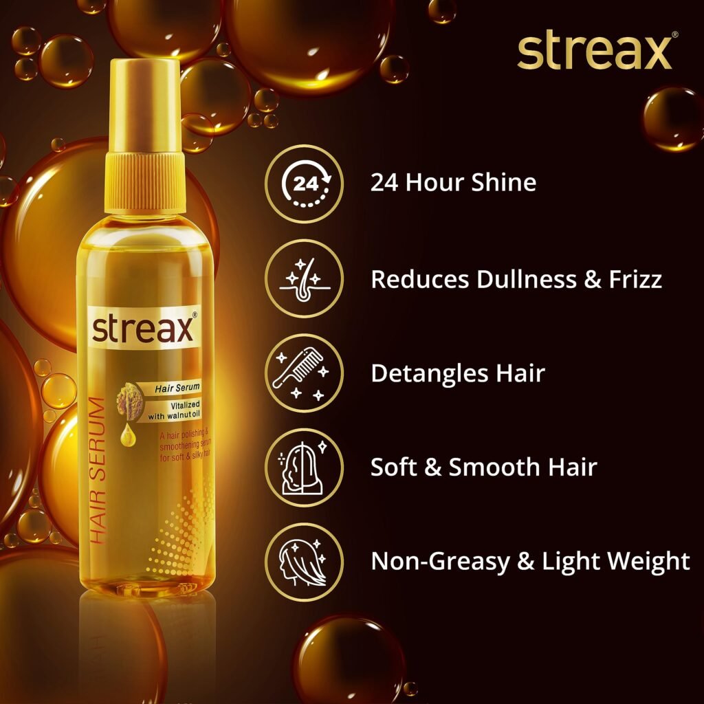Streax hair serum bottle showcasing walnut oil ingredients.